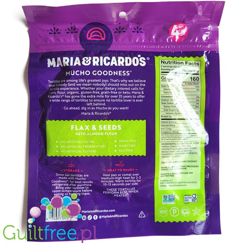 Maria & Ricardo's Almond Keto Tortillas, Flax & Seeds - bezglutenowe keto tortille migdałowe 80kcal & 4g węglowodanów