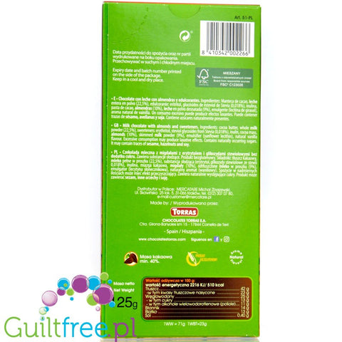 Torras Milk chocolate with almonds, without sugar, sweetened with stevia and erythritol