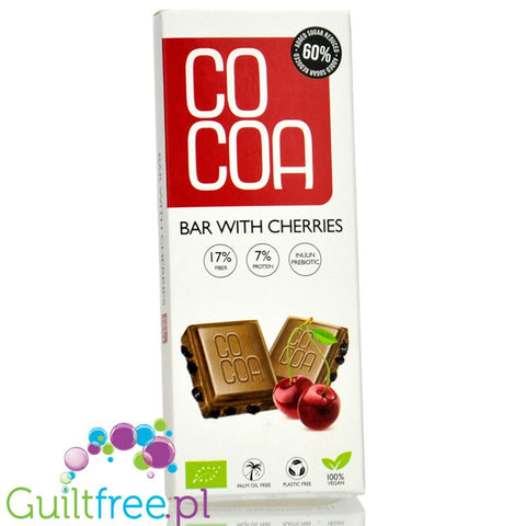 Raw Cocoa Bar Cherries - wegańska alternatywa białej czekolady z miękkimi wiśniami, 60% mniej cukru