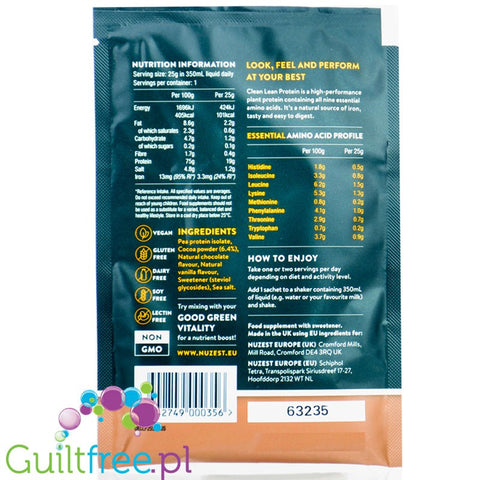 Nuzest Clean Lean Protein Rich Chocolate 25g - pea protein isolate, 19g protein, sachet