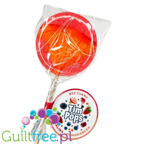TimPops Raspberry-Orange 4cm - natural sugar-free lollipop with fruit pieces, 39kcal