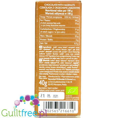 Raw Cocoa Bar Chocolate & Hazelnuts - vegan creamy chocolate with fiber and hazelnuts 70% less sugar