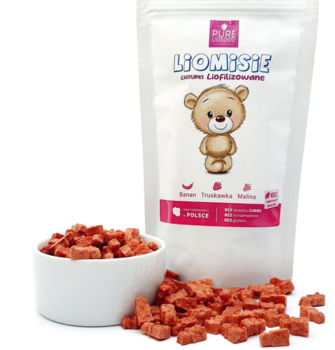 Pure Liofood Liomisie Raspberry & Strawberry - freeze-dried banana, strawberry and raspberry crisps in the shape of teddy bears