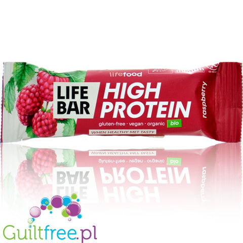 LifeFood High Protein Raspberry - ekologiczny wegański baton proteinowy z malinami i migdałami bez dodatku cukru