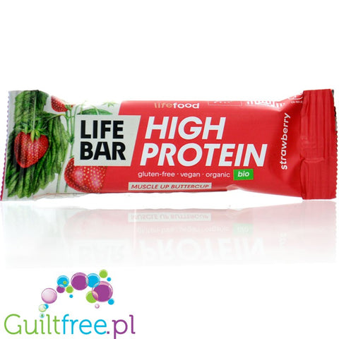 LifeFood High Protein Strawberry - ekologiczny wegański baton proteinowy z truskawkami i migdałami bez dodatku cukru
