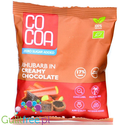 RAW COCOA Rhubarb in Creamy Chocolate - rhubarb in vegan non-dairy chocolate without sugar and palm oil