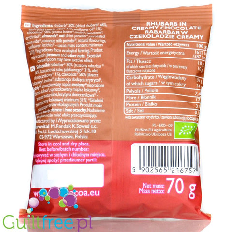 RAW COCOA Rhubarb in Creamy Chocolate - rhubarb in vegan non-dairy chocolate without sugar and palm oil