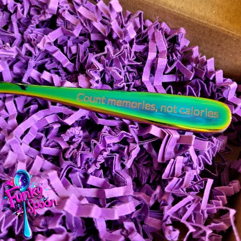 Funky Spoon engraved spoon with affirmation, Rainbow 14cm, Count Memories, not Calories