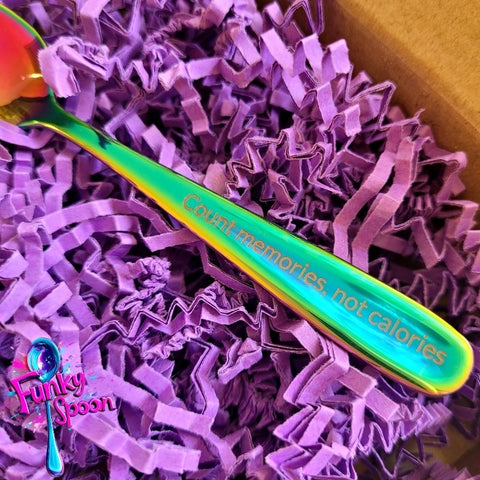 Funky Spoon engraved spoon with affirmation, Rainbow 14cm, Count Memories, not Calories