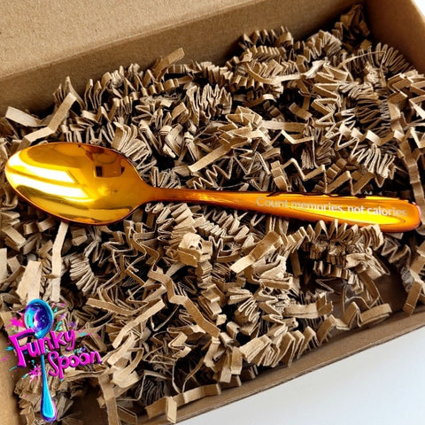Funky Spoon engraved spoon with affirmation, Honey Gold 14cm, Count Memories, not Calories
