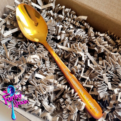 Funky Spoon engraved spoon with affirmation, Honey Gold 14cm, Count Memories, not Calories