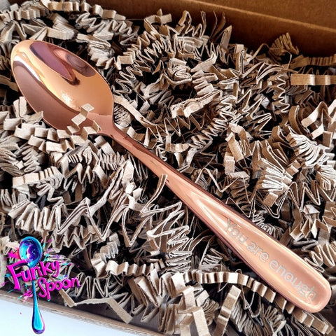 Funky Spoon grawerowana łyżka z afirmacją, Rose Gold 14cm, You are Enough