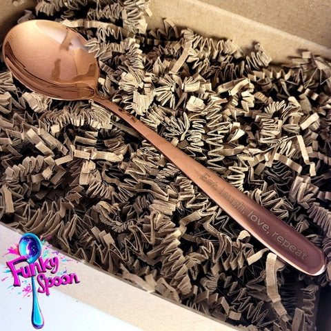 Funky Spoon engraved spoon with affirmation, Rose Gold 17cm, Eat, Love, Laugh, Repeat