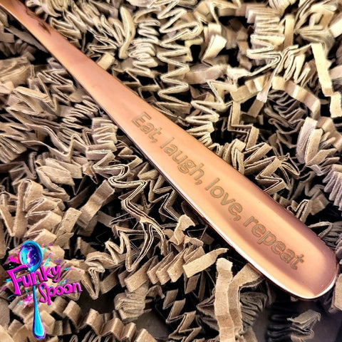 Funky Spoon grawerowana łyżka z afirmacją, Rose Gold 17cm, Eat, Love, Laugh, Repeat