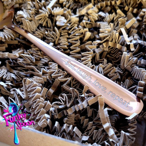 Funky Spoon grawerowana łyżka z afirmacją, Rose Gold 17cm, Eat, Love, Laugh, Repeat