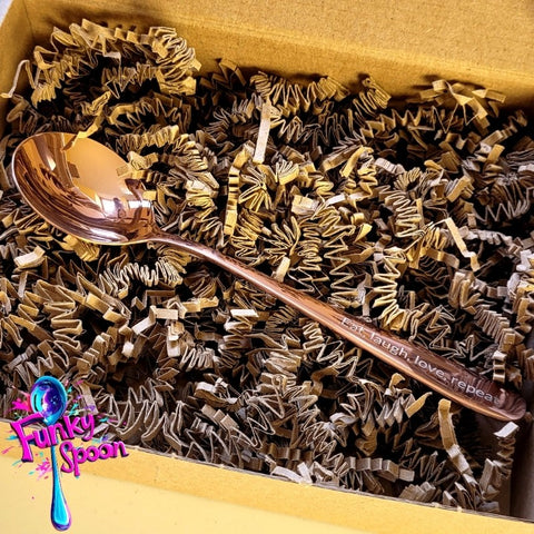 Funky Spoon grawerowana łyżka z afirmacją, Rose Gold 17cm, Eat, Love, Laugh, Repeat