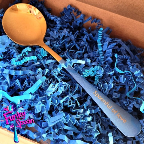 Funky Spoon engraved spoon with affirmation, Gold & Blue, 17cm, Spoonful of Love