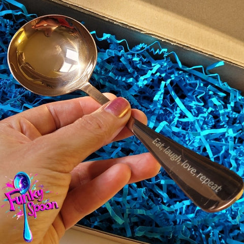 Funky Spoon grawerowana łyżka z afirmacją, Rose Gold 19cm, Eat, Love, Laugh, Repeat