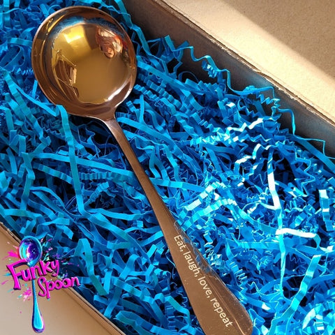 Funky Spoon grawerowana łyżka z afirmacją, Rose Gold 19cm, Eat, Love, Laugh, Repeat