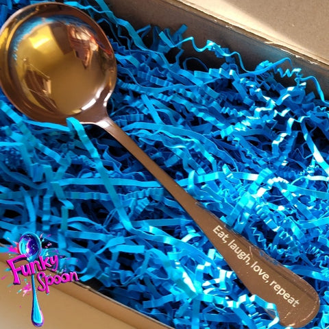 Funky Spoon grawerowana łyżka z afirmacją, Rose Gold 19cm, Eat, Love, Laugh, Repeat