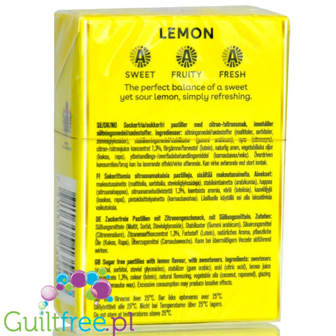 Läkerol Lemon 75g - słodko-kwaśna lukrecja bez cukru o smaku cytrynowym