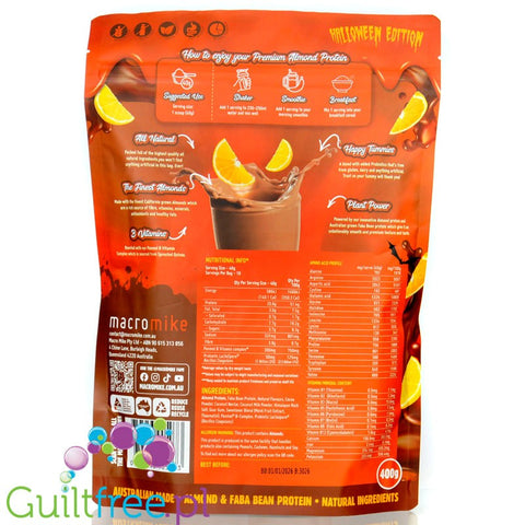 Macro Mike Almond Protein Halloween Edition, Choc Horror-Orange - wegańska turbo kremowa odżywka bez glutenu, mleka i sukralozy