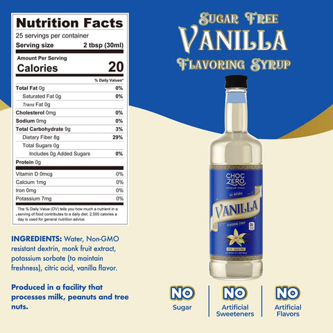 Choc Zero Coffe Syrup, Vanilla - syrop do kawy bez cukru i sukralozy z błonnikiem