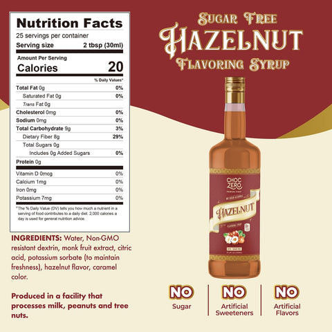 Choc Zero Coffe Syrup, Hazelnut - syrop do kawy bez cukru i sukralozy z błonnikiem, smak Orzech Laskowy