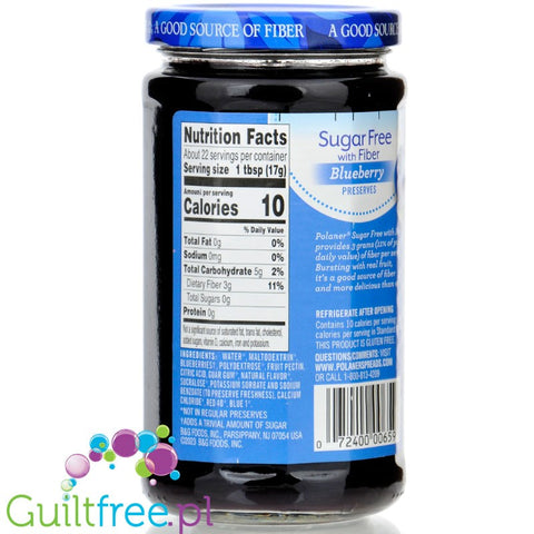Polaner Sugar Free Blueberry Preserves - berry jam without sugar with fiber 80% less kcal