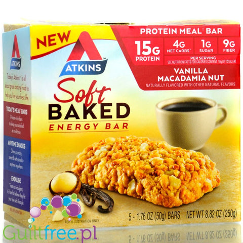 Atkins Meal Soft Baked Vanilla Macadamia Nut BOX x 5 bars - breakfast bar 190kcal & 15g protein
