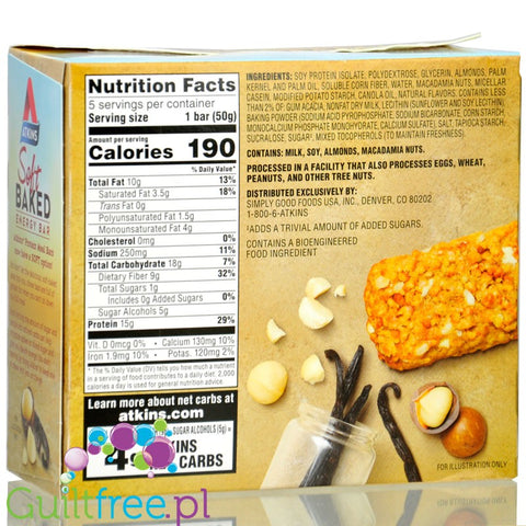 Atkins Meal Soft Baked Vanilla Macadamia Nut BOX x 5 bars - breakfast bar 190kcal & 15g protein