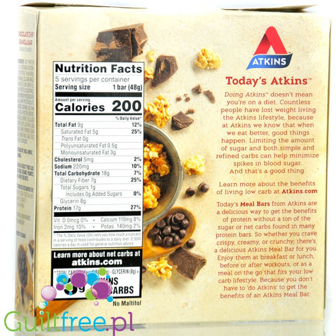 Atkins Meal Chocolate Chip Granola BOX x 5 bars - maltitol free protein bar 17g protein & 200kcal