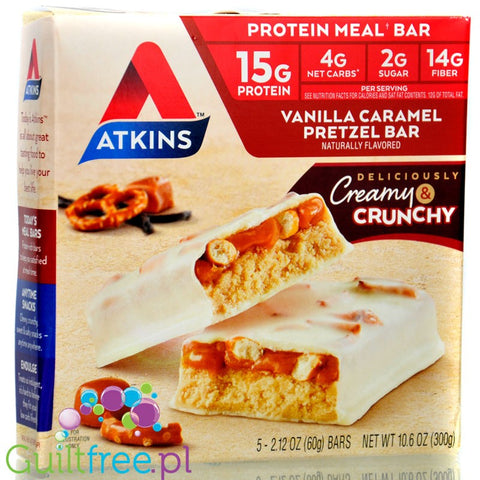 Atkins Meal Vanilla Caramel Pretzel BOX x 5 bars - maltitol-free protein bar 17g protein & 200kcal