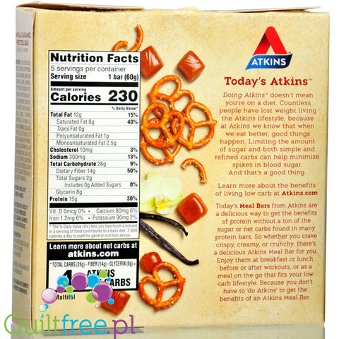 Atkins Meal Vanilla Caramel Pretzel BOX x 5 bars - maltitol-free protein bar 17g protein & 200kcal