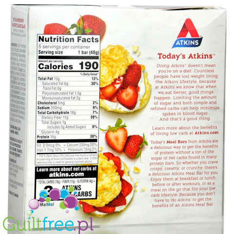 Atkins Meal Strawberry Shortcake BOX x 5 bars - maltitol-free protein bar 15g protein & 190kcal