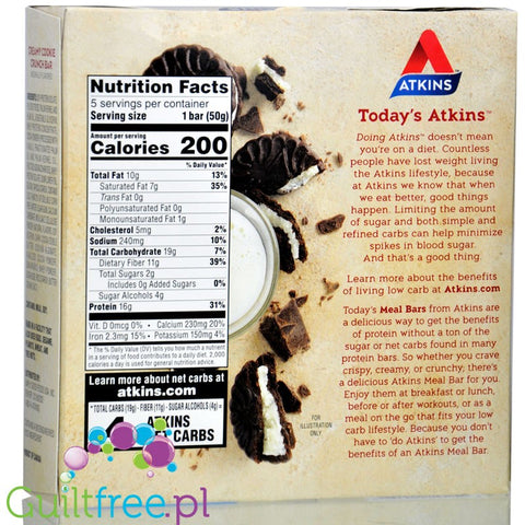 Atkins Meal Creamy Cookie Crunch PUDEŁKO x 5 batonów - baton białkowy bez maltitolu 16g białka & 200kcal