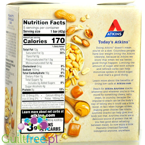 Atkins Snack Peanutty Overload Bar PUDEŁKO x 5 batonów - niskocukrowy baton 8g białka & 7g błonnika