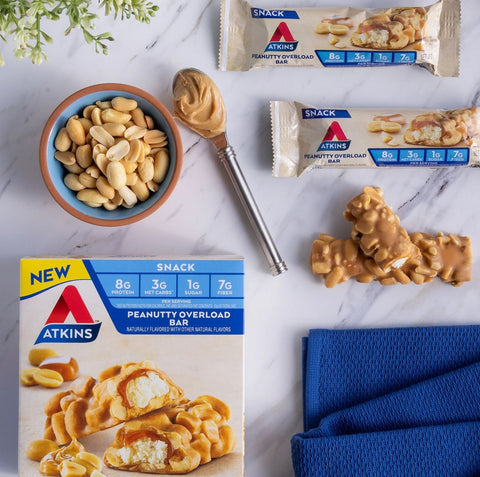 Atkins Snack Peanutty Overload Bar PUDEŁKO x 5 batonów - niskocukrowy baton 8g białka & 7g błonnika