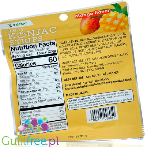 Marukin Fruity Konjac Strips, Miracle Gummy Mango 60kcal - japońskie wegańskie żelki w paskach