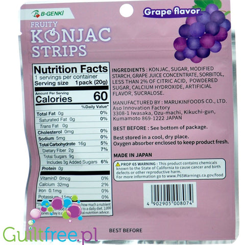 Marukin Fruity Konjac Strips, Miracle Gummy Grape 60kcal - japońskie wegańskie żelki w paskach, smak ciemnych winogron
