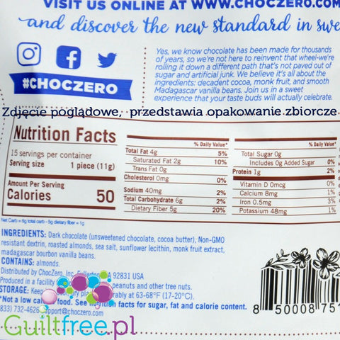 Choc Zero Keto Bark, Dark Chocolate Sea Salt & Almonds - ciemna czekoladka bez cukru z migdałami