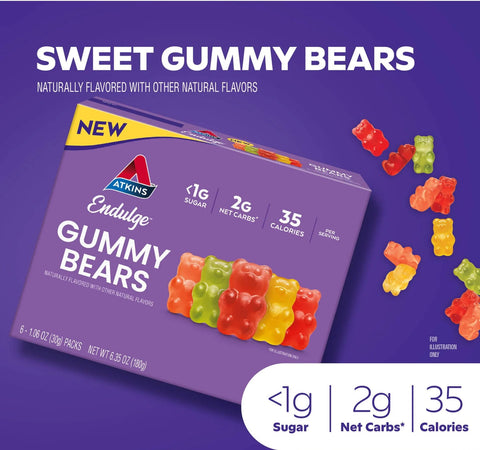 Atkins Endulge Gummy Bears PUDEŁKO x 6 saszetek - owocowe keto żelki misie bez cukru