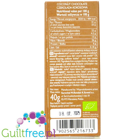 Raw Cocoa Bar Coconut Chocolate - wegańska czekolada kokosowa bez dodatku cukru z błonnikiem