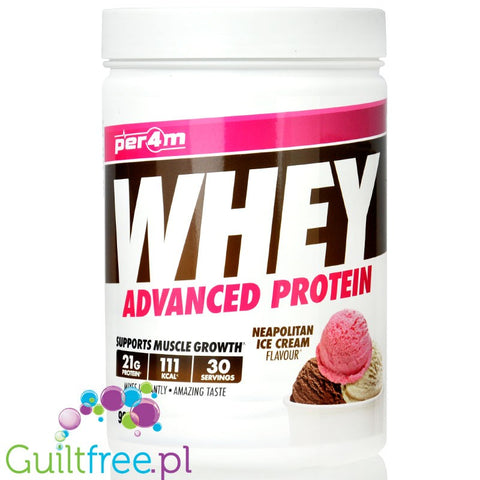 Per4m Whey Advanced Protein Neapolitan Ice Cream 900g - a nutrient dense protein supplement of WPC, WPI & MPC.