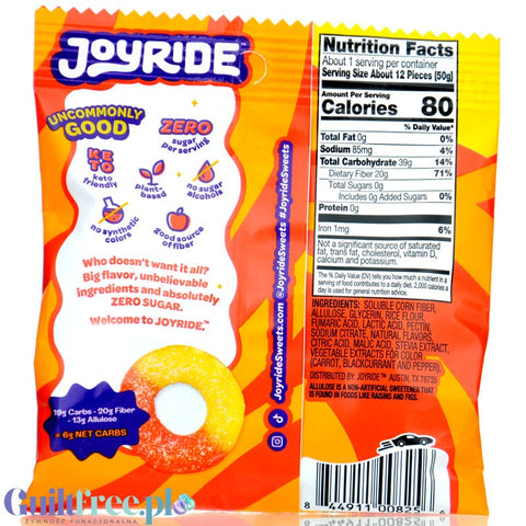 Joyride Uncommon Candy, Peachy Mango Rings - keto żelki owocowe, Obrączki Mango&Brzoskwinia, 6g węglowodanów netto
