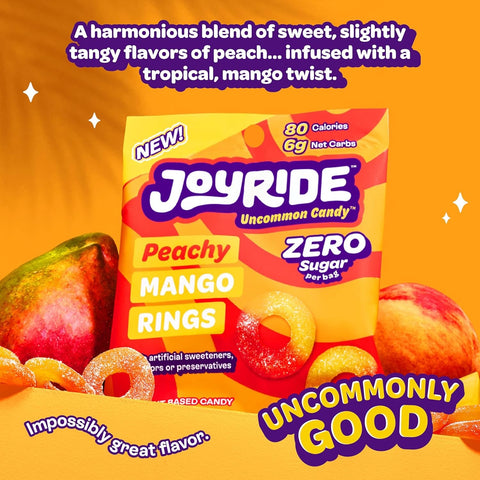 Joyride Uncommon Candy, Peachy Mango Rings - keto żelki owocowe, Obrączki Mango&Brzoskwinia, 6g węglowodanów netto