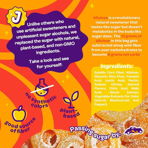 Joyride Uncommon Candy, Peachy Mango Rings - keto żelki owocowe, Obrączki Mango&Brzoskwinia, 6g węglowodanów netto