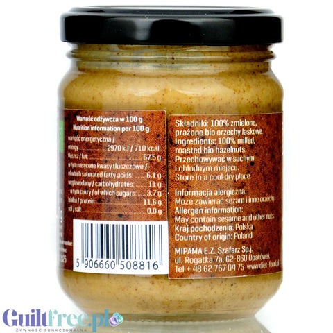 Diet Food Bio Hazelnut 200g - bio krem z orzechów laskowych 100%, bez soli i cukru