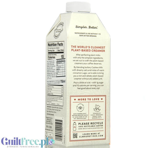 Elmhurst Cashew Creamer Cinnamon Churro - vegan non-dairy oat milk with cashews, without carrageenan, guar and oils