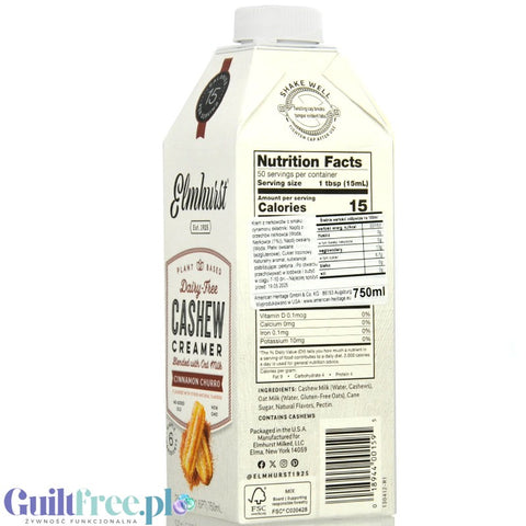Elmhurst Cashew Creamer Cinnamon Churro - vegan non-dairy oat milk with cashews, without carrageenan, guar and oils